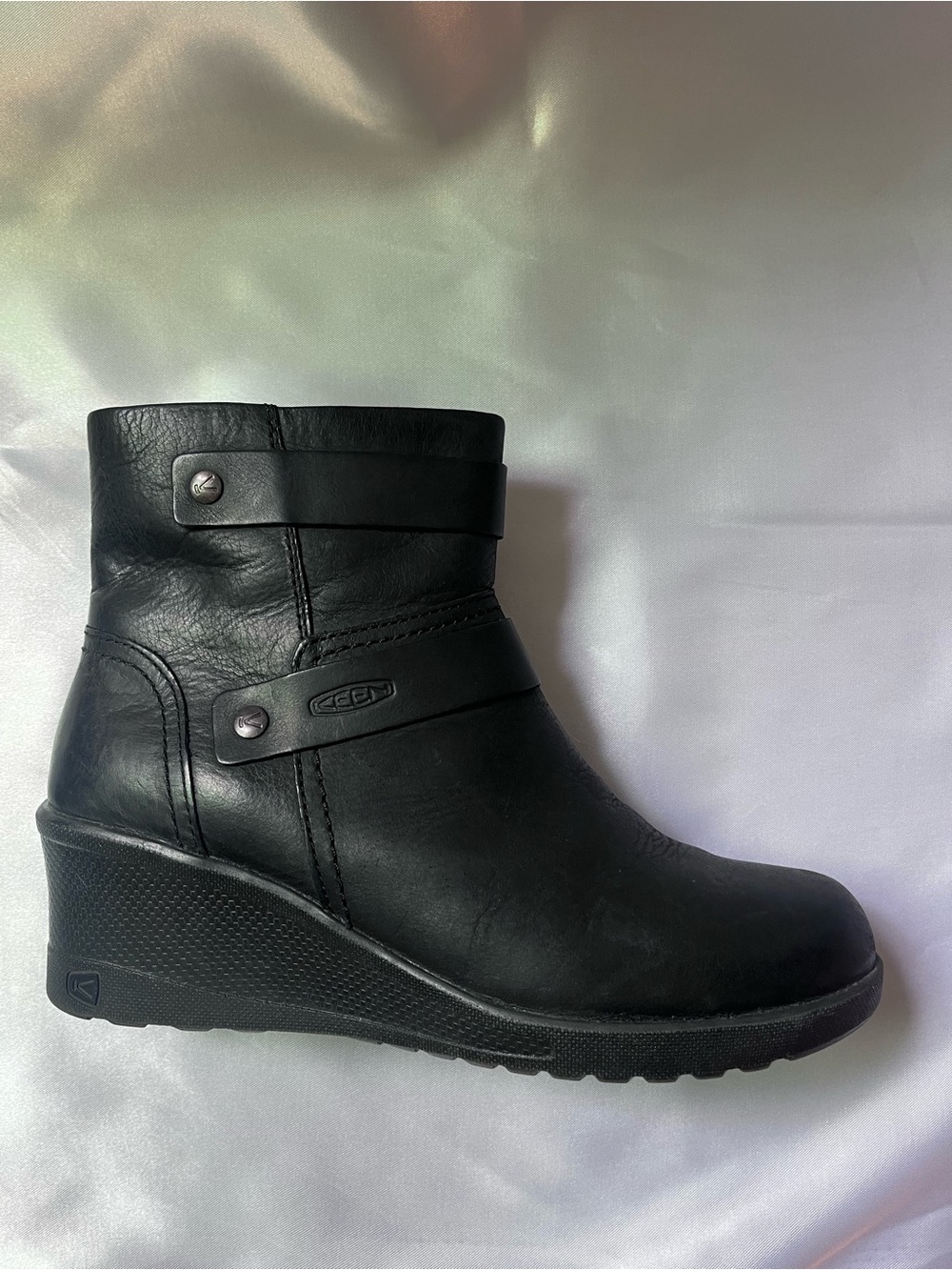 KEEN "Kate" Black Leather Wedge Ankle Boots